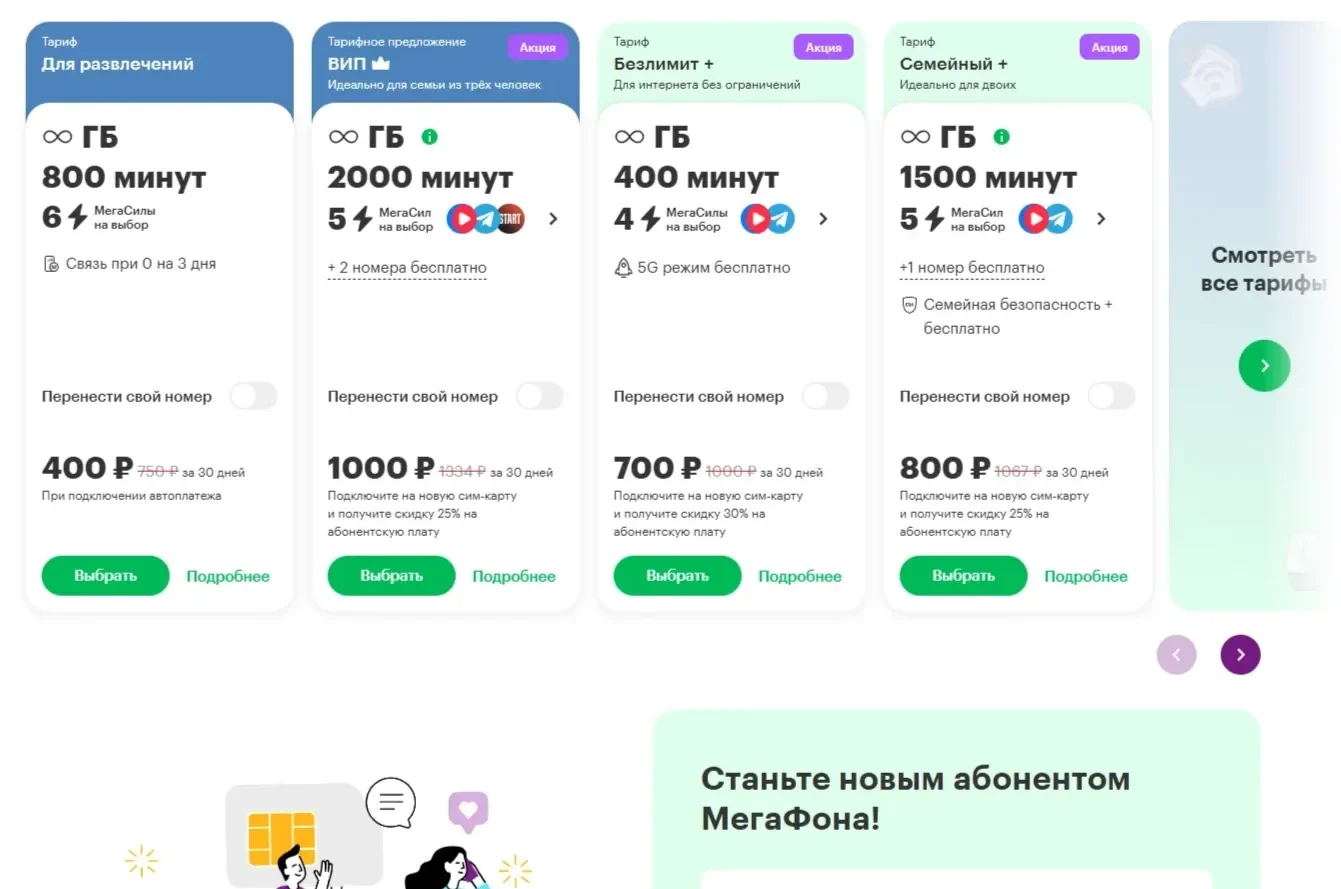 Изображение Страницы Карусель сайта Мегафон