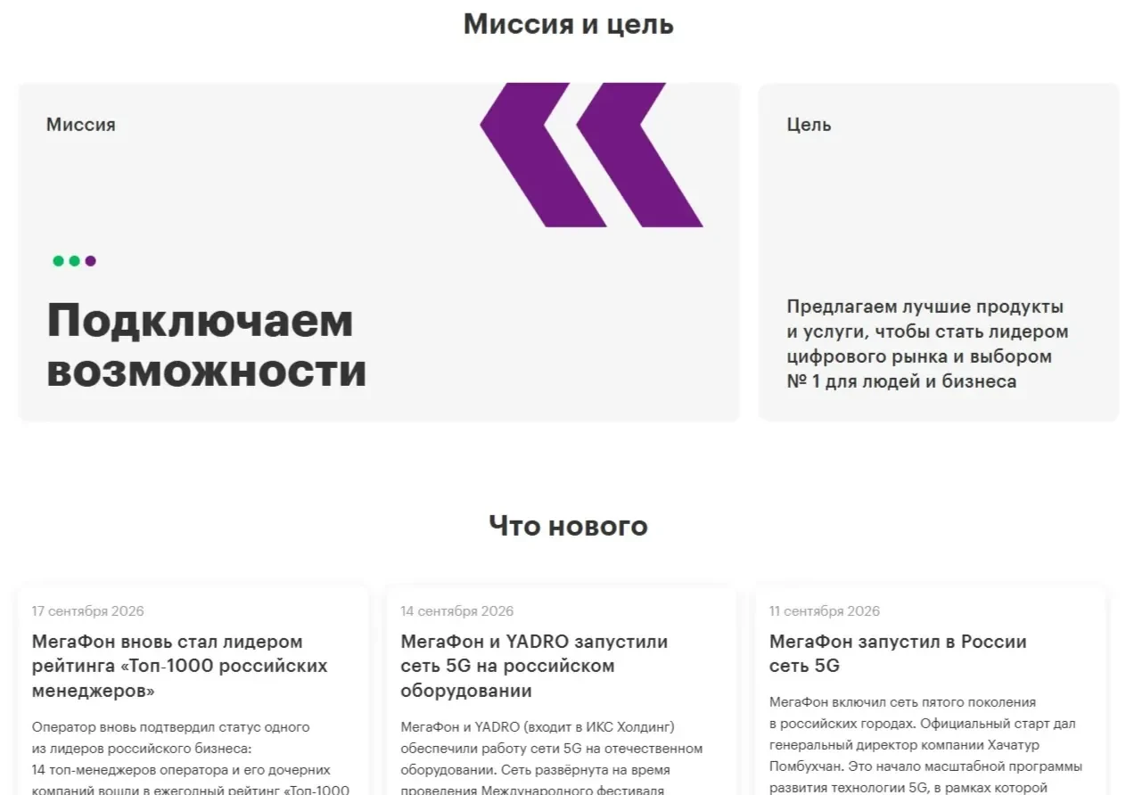 Пример Страницы Миссия сайта Мегафон