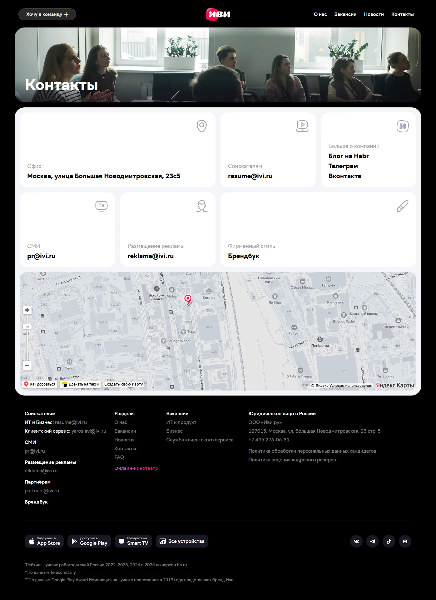 Пример Страницы Контакты сайта IVI