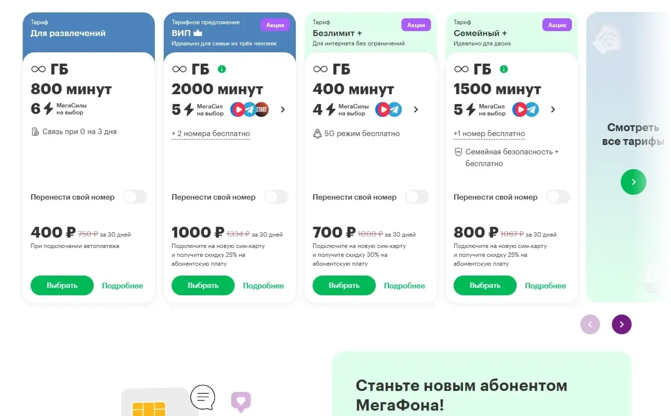 Фото Страницы Карточка и плитка сайта Мегафон