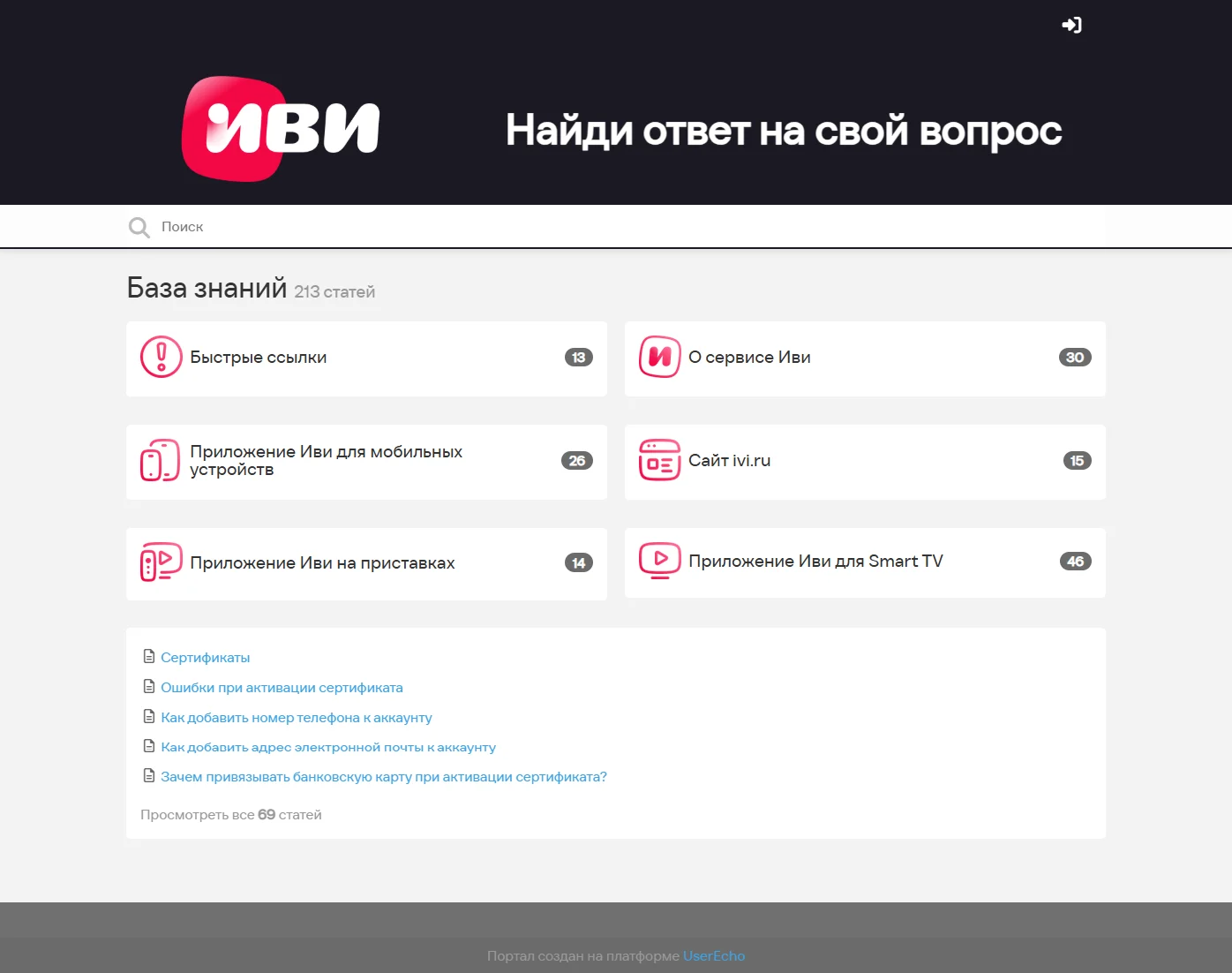 Скрин Страницы Поддержка сайта IVI