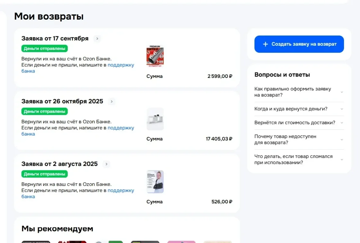 Скрин Страницы FAQ сайта Ozon