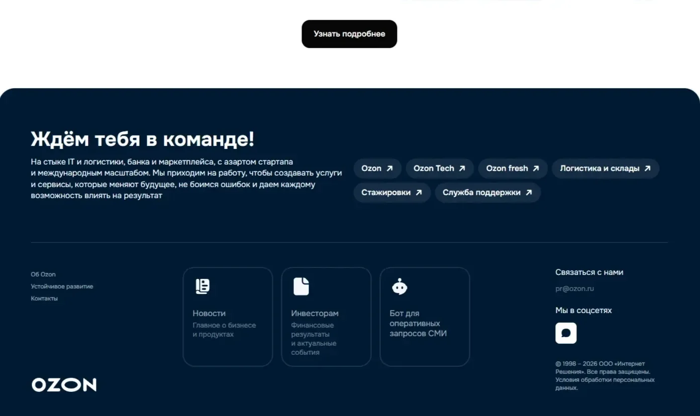 Пример Страницы Футер сайта Ozon