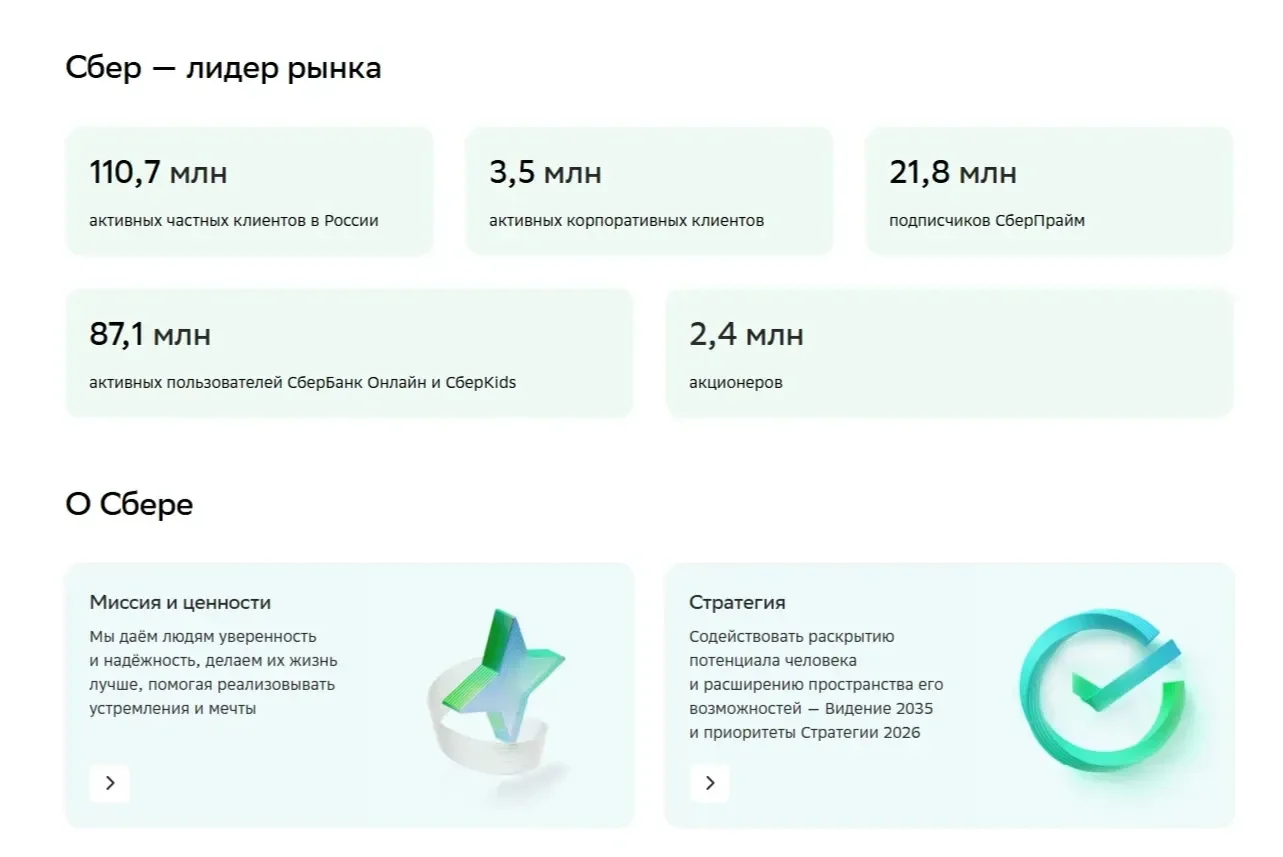Скрин Страницы Преимущества сайта СберБанк