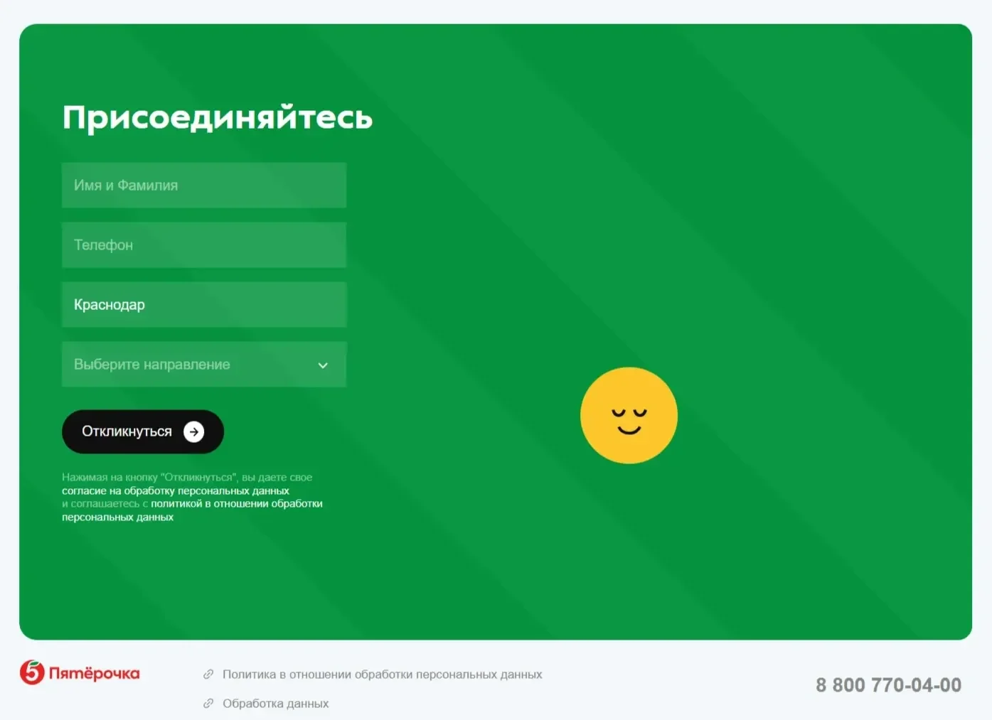 Пример Страницы Форма захвата сайта Пятёрочка