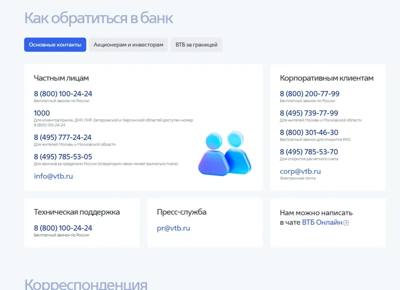 Фотография Страницы Контакты сайта ВТБ